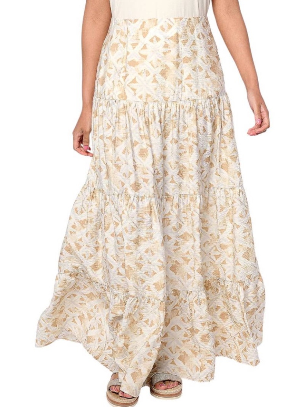 Peace Love World Boheme Tan Abstract Tiered Elastic Waist Maxi Skirt SZ S EUC